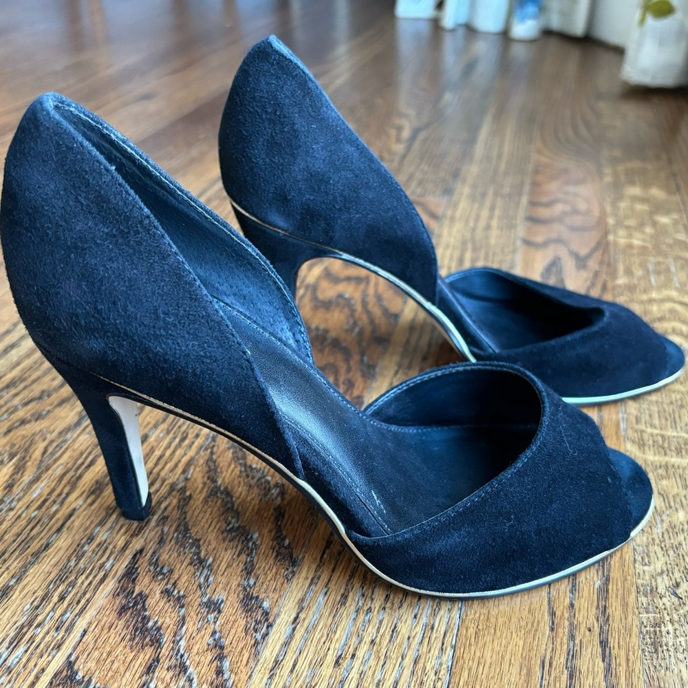 Faux Suede Calvin Klein Stilettos with gold piping in EUC